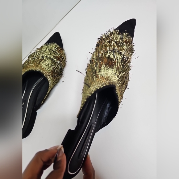 Zara Pointy-Toe Flat Mules with Fringe Black/Gold, Size 38 - Picture 8 of 16